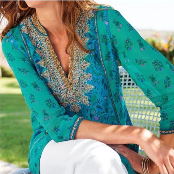 Soft Surroundings NWT Meridian Blue Embellished Bronte Kaftan Tunic & Tank Top - Picture 3 of 10